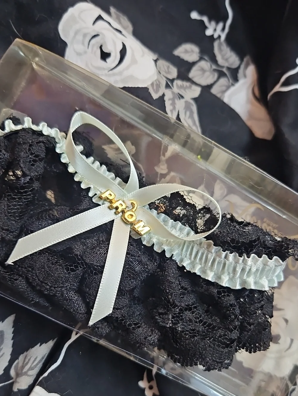 Vintage Prom 90s Black Lace Garter Ribbon and Gold Accent
